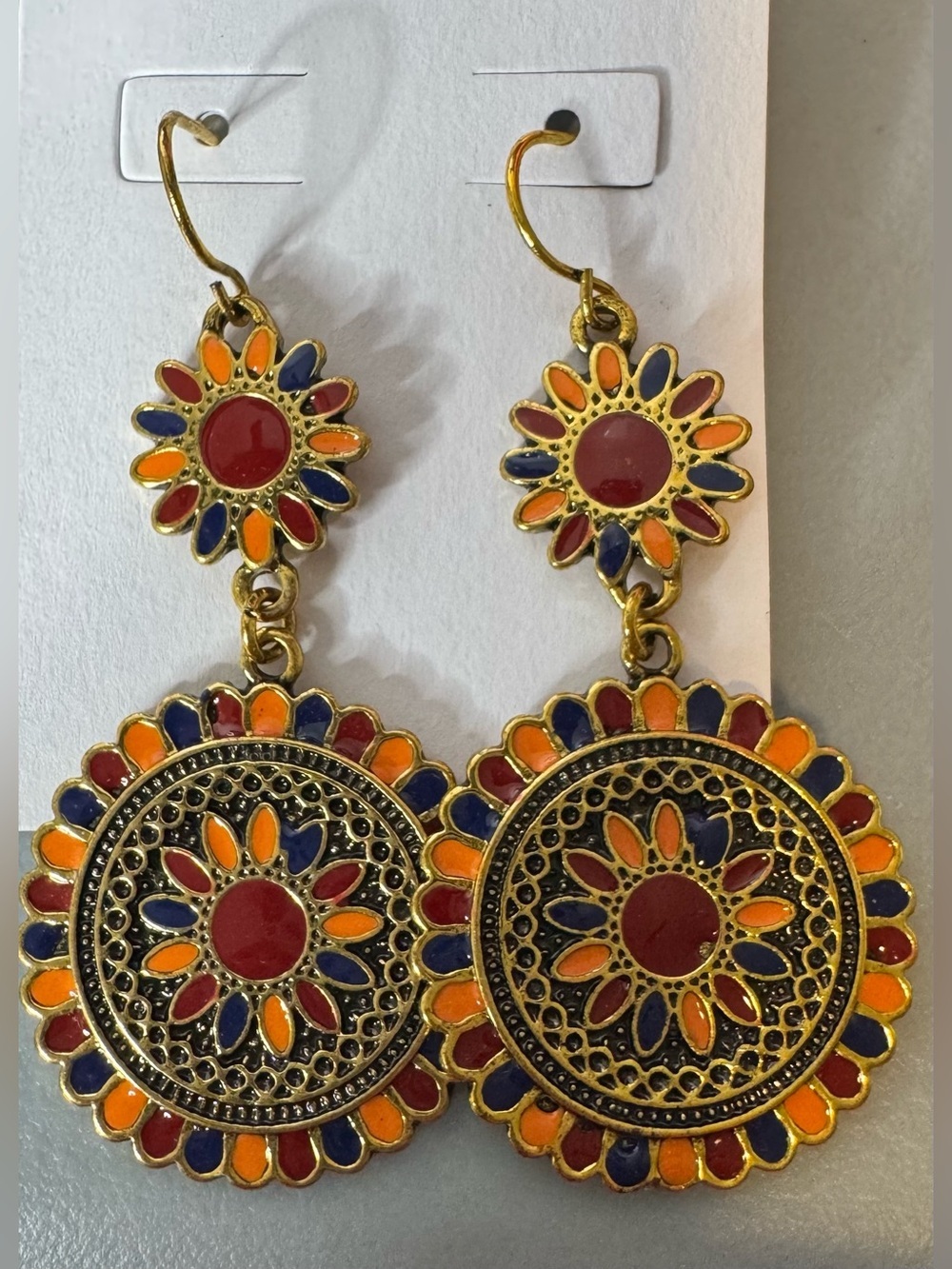 Gold-Tone Floral Drop Earrings in Red, Orange & Blue boho summer aztec statement